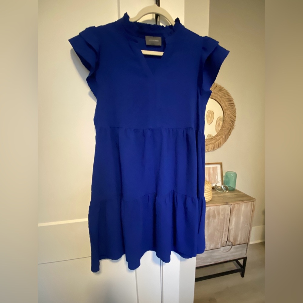Chic Royal Blue Ruffle Dress - Picture 2 of 3
